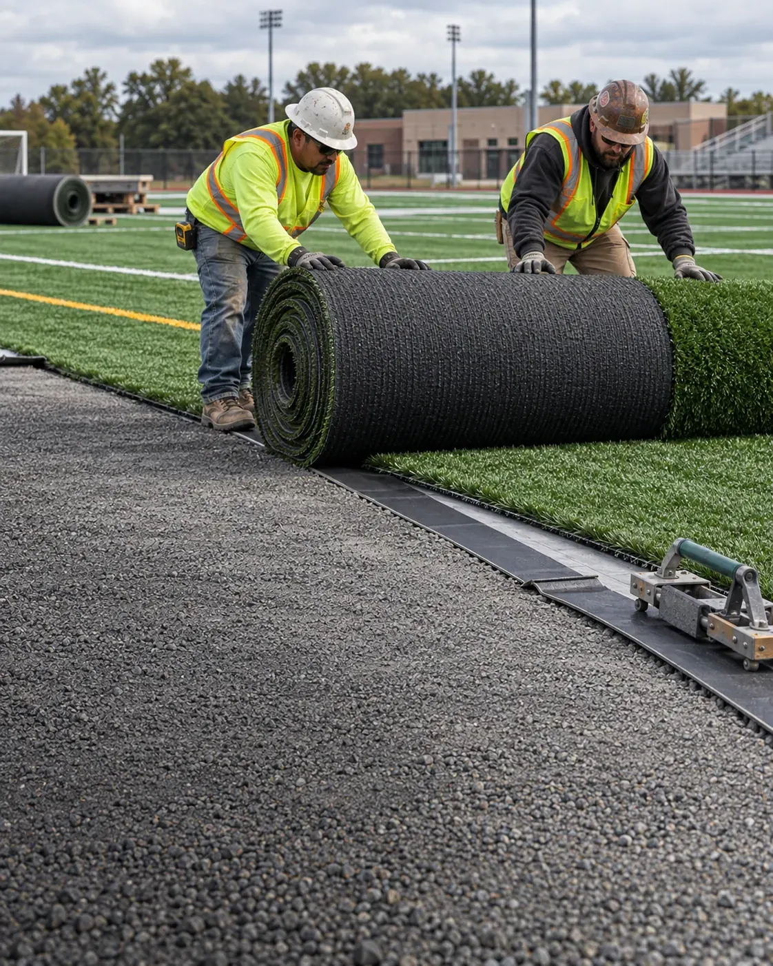 Diamond Field Systems crew installing artificial turf on a prepared athletic field base
