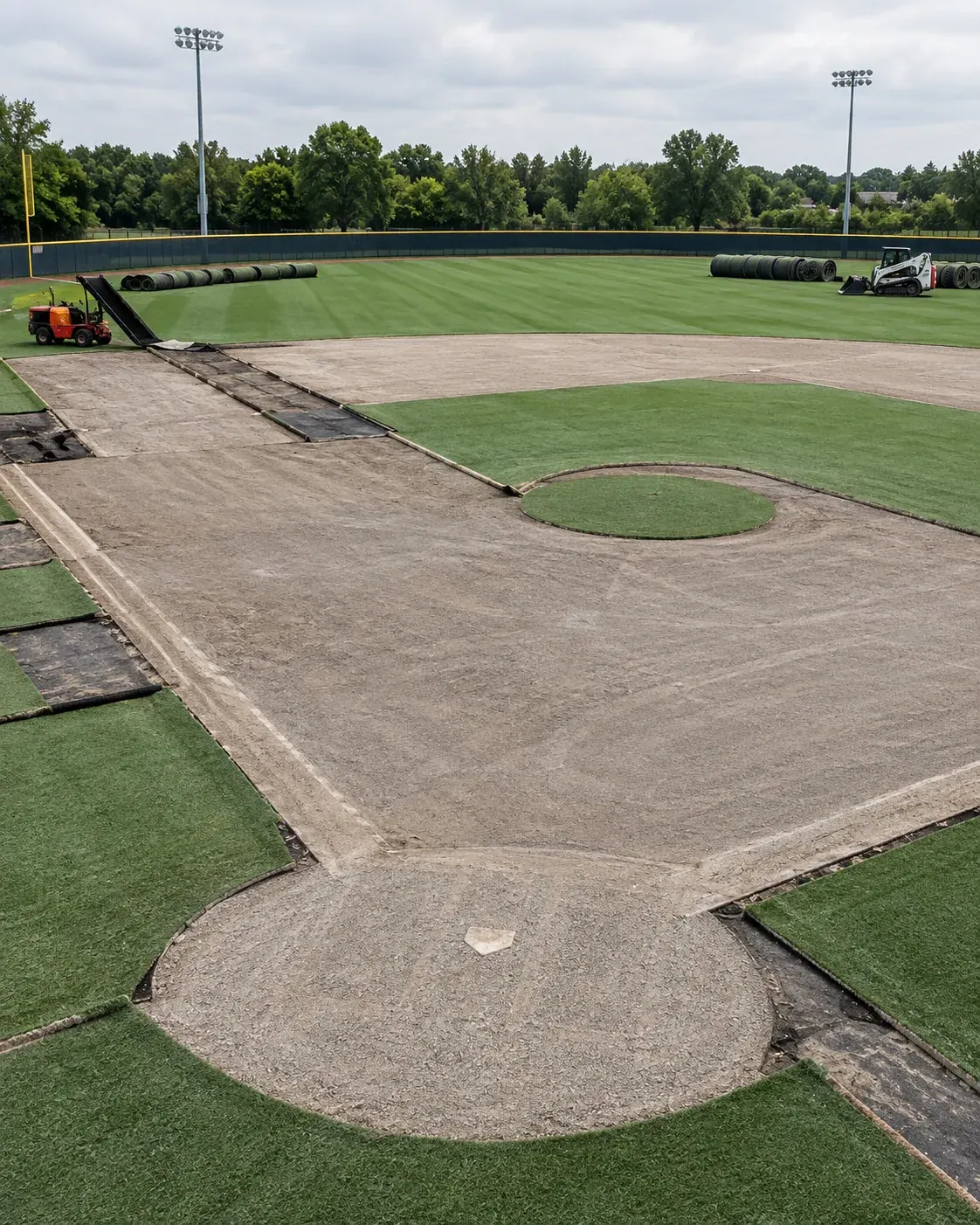 Baseball field undergoing artificial turf replacement with new turf rolled out over base paths by Diamond Field Systems