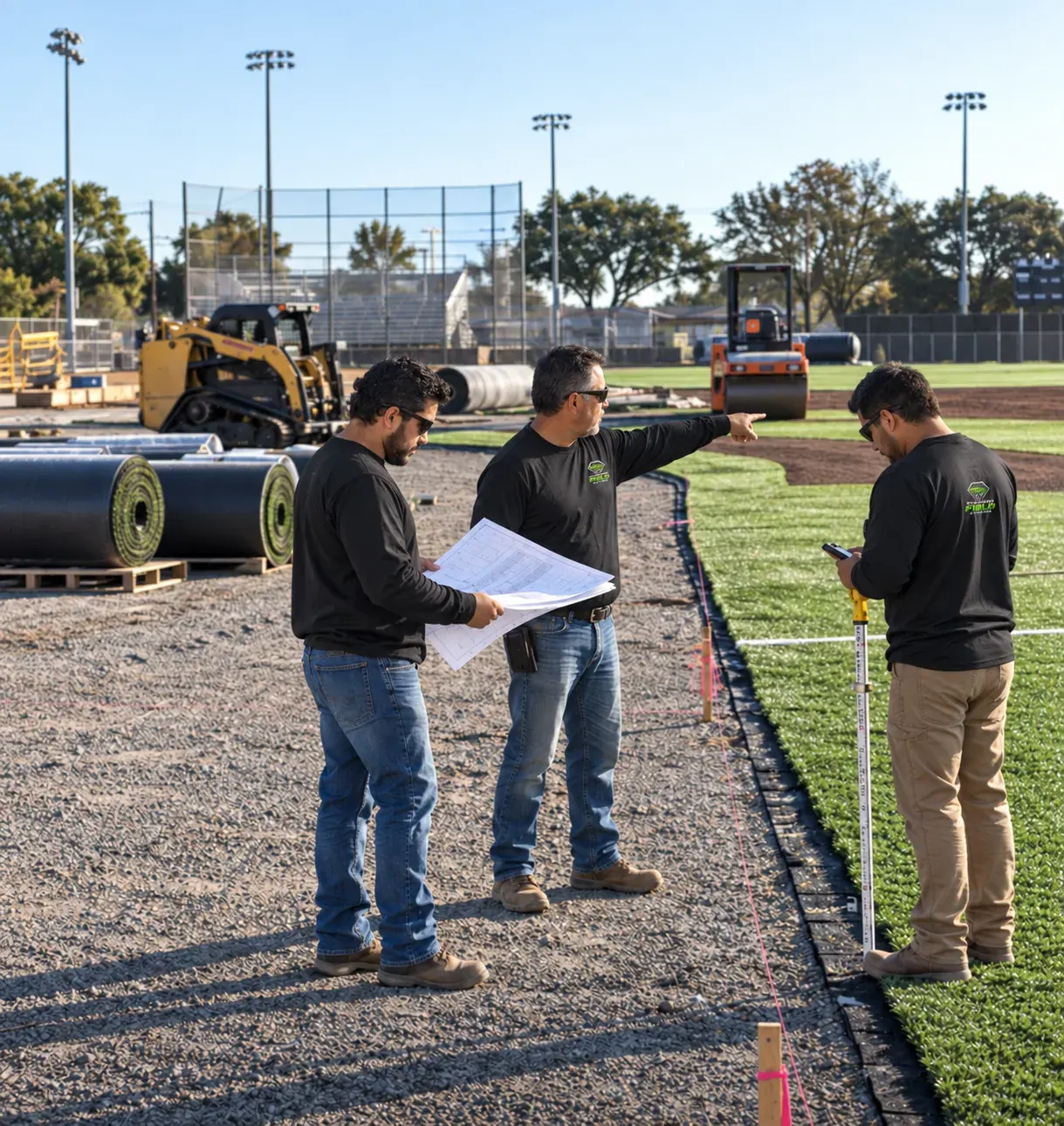 Diamond Field Systems crew reviewing plans and grading a field renovation site